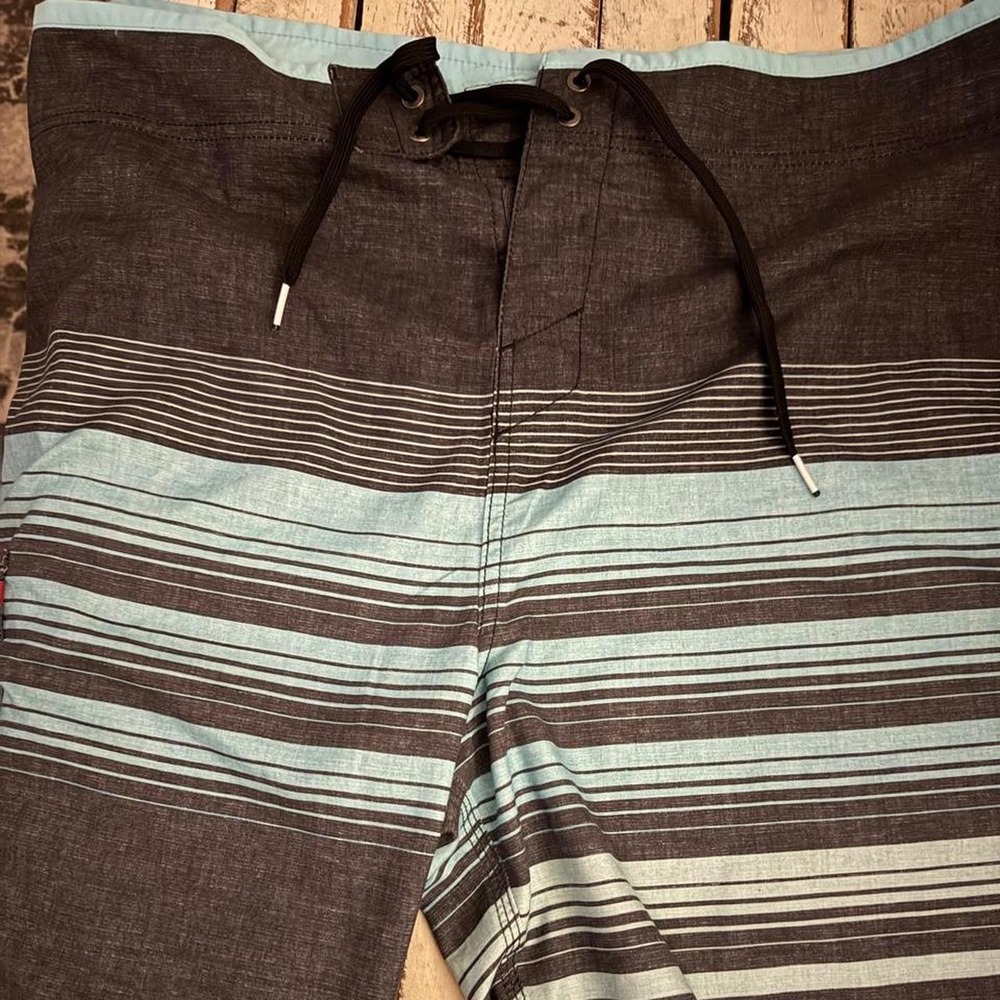 ONeill Mens Striped Board Shorts Charcoal Aqua Blue Swim Trunks Size 38